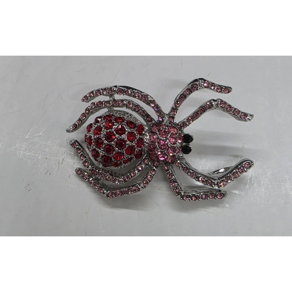 Rhinestone Pink Red Spider Silvertone Brooch + Pendant 2" Great For Halloween